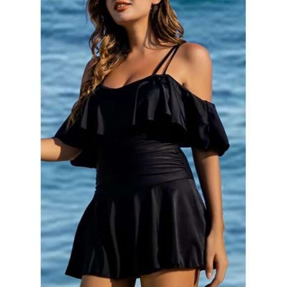 Cocopear Off-Shoulder Flounce Swimdress Black One-Piece Swimsuit Size Medium - Picture 4 of 10